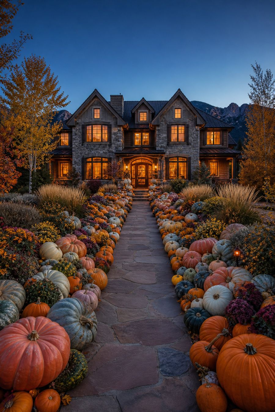 A Colorado porch at dusk with pumpkins running the full depth of the front walk.